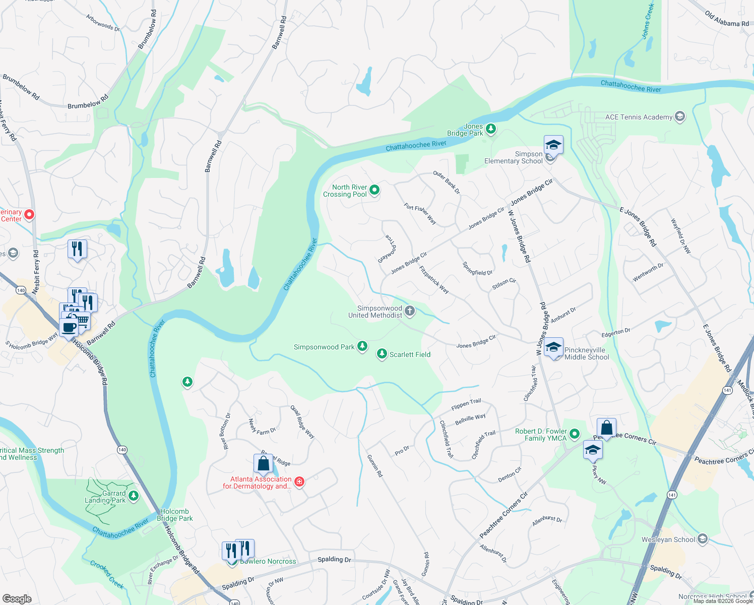 map of restaurants, bars, coffee shops, grocery stores, and more near 5714 Greenbank Terrace in Norcross