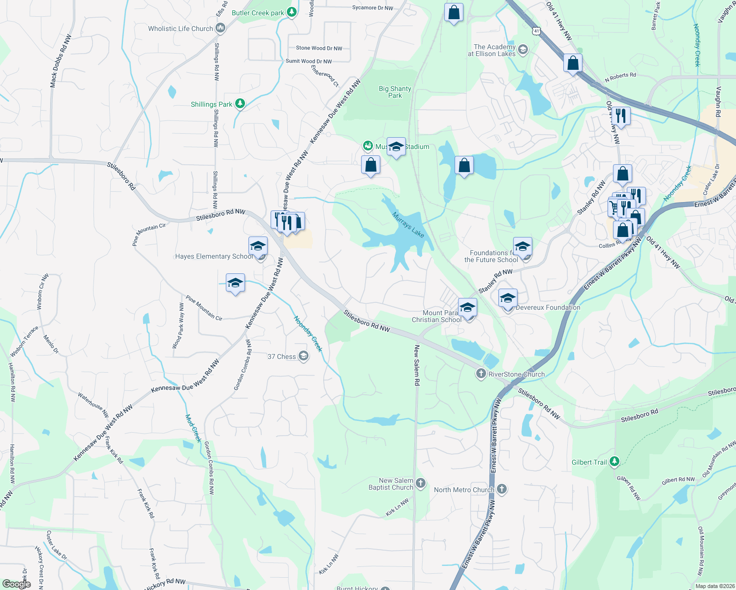 map of restaurants, bars, coffee shops, grocery stores, and more near 1408 Falkirk Ln NW in Kennesaw