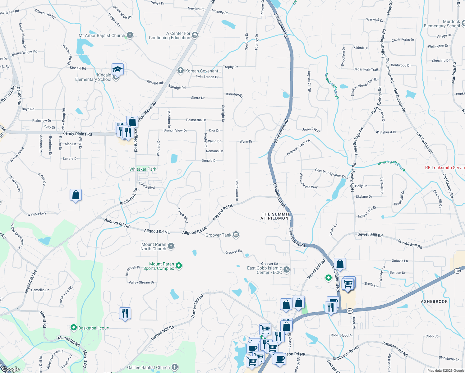 map of restaurants, bars, coffee shops, grocery stores, and more near 1571 Smithwood Drive in Marietta