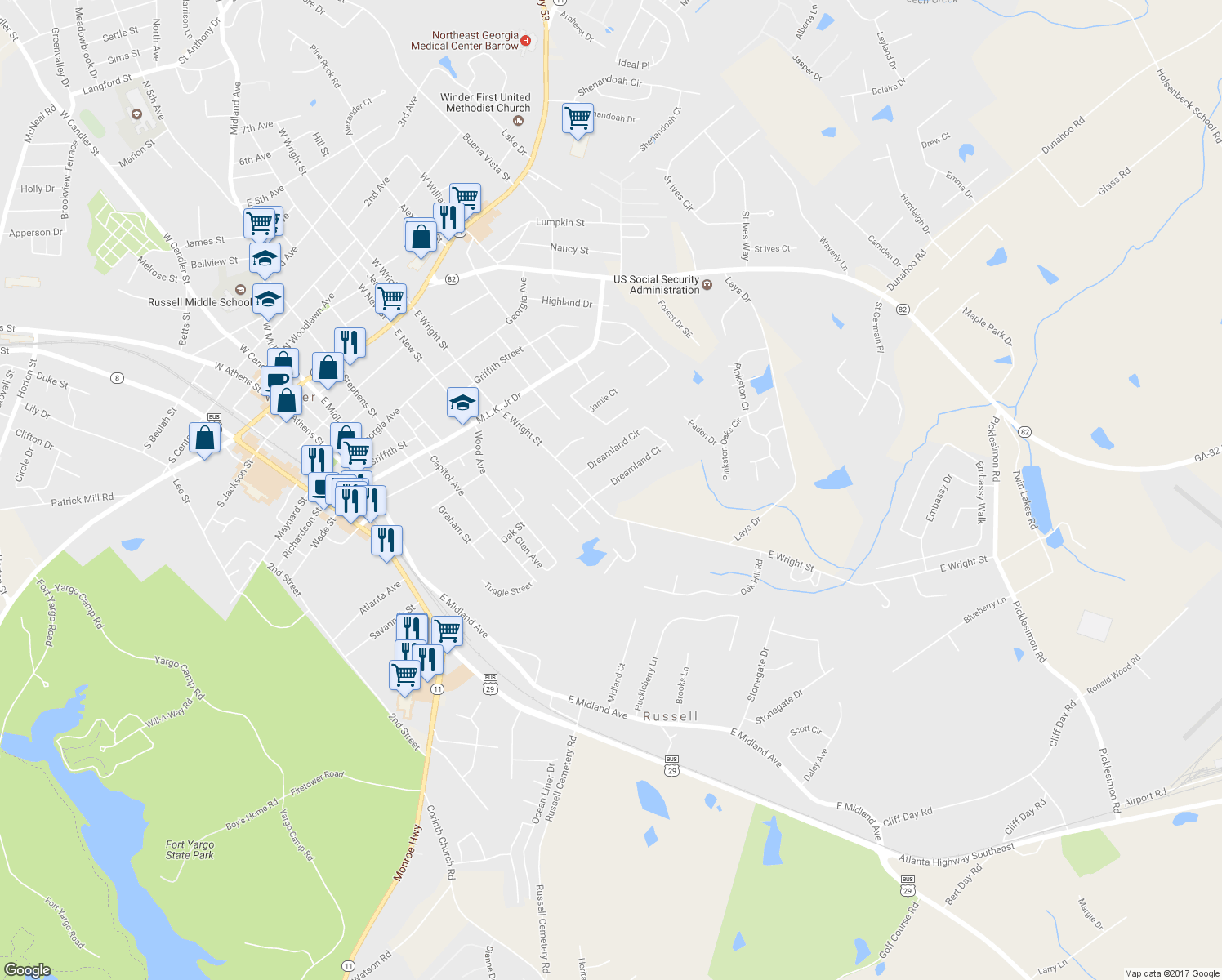 map of restaurants, bars, coffee shops, grocery stores, and more near 309 Dreamland Court in Winder