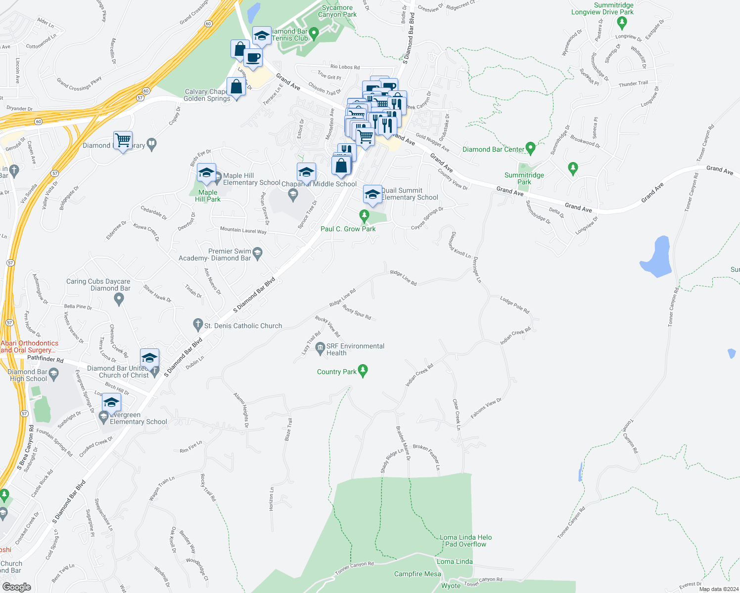 map of restaurants, bars, coffee shops, grocery stores, and more near 1941 Flint Rock Road in Diamond Bar