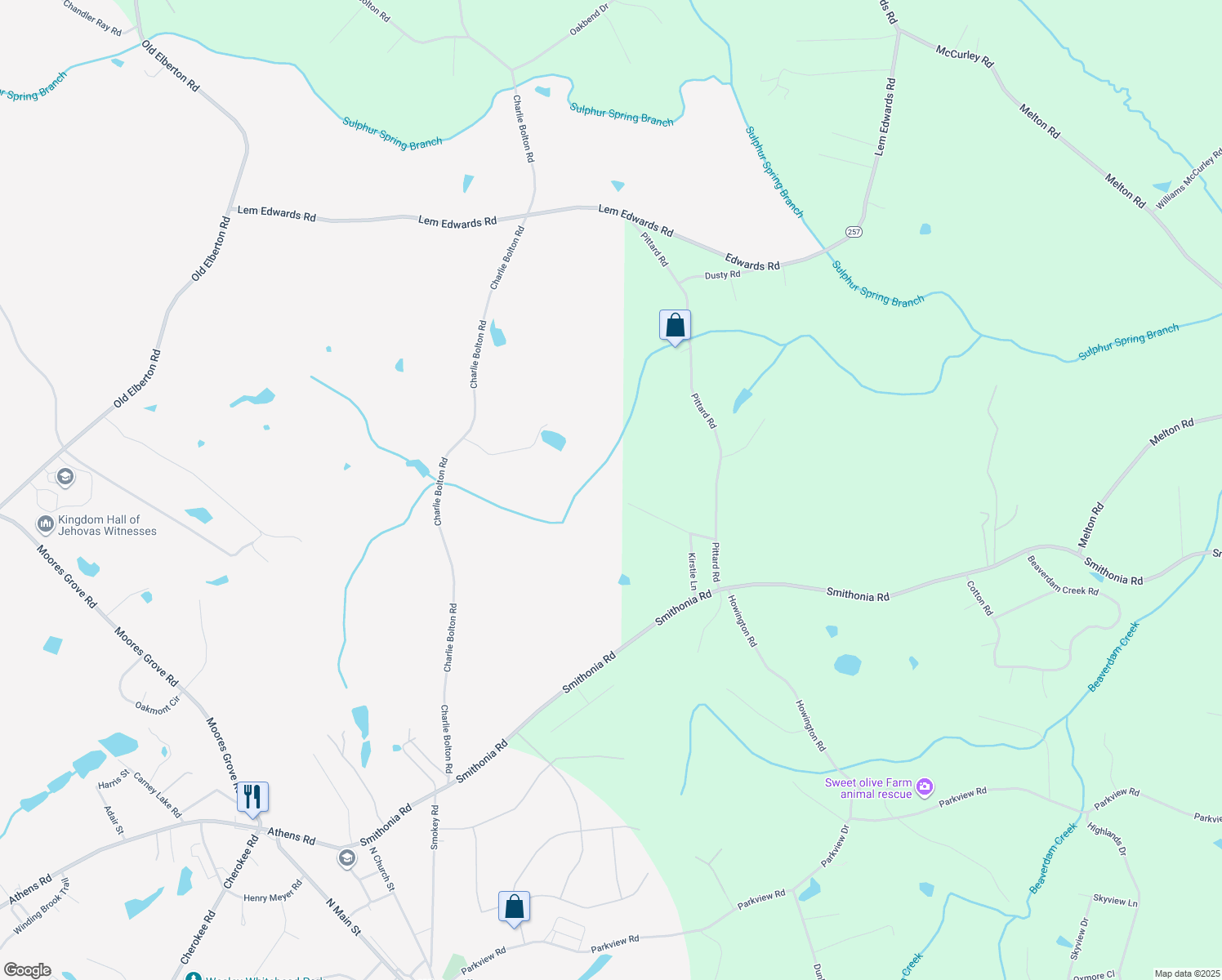 map of restaurants, bars, coffee shops, grocery stores, and more near 55 Pecan Ct in Winterville