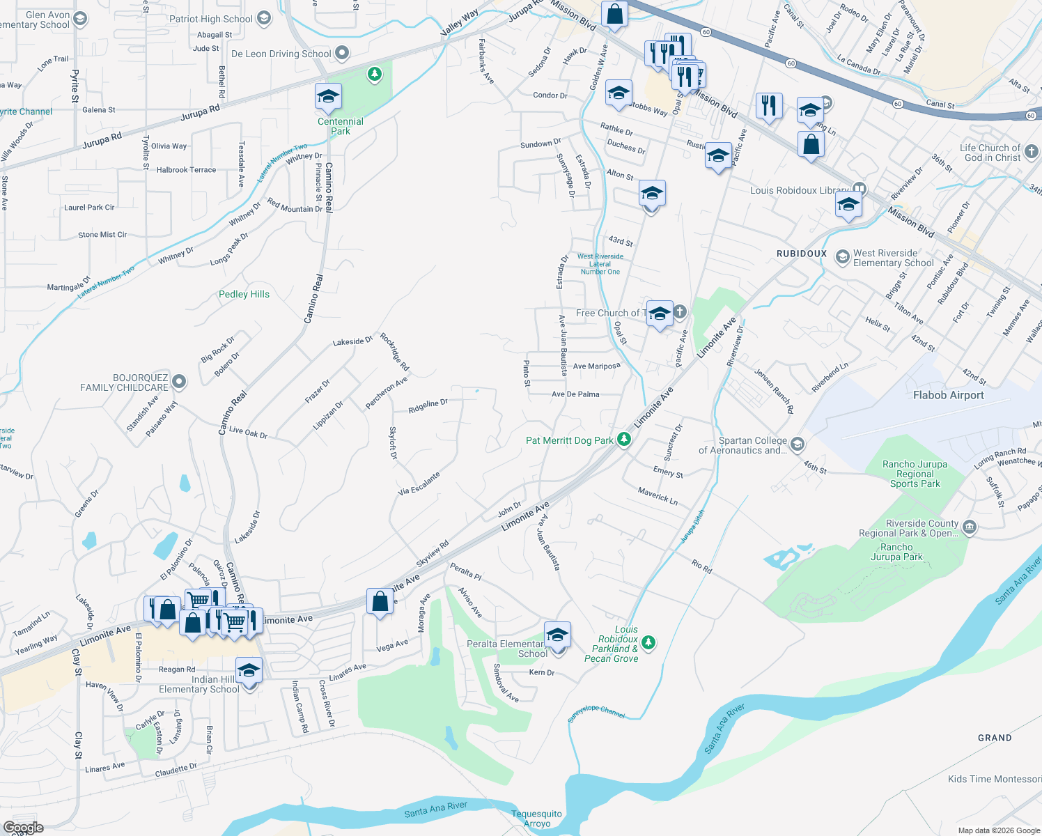 map of restaurants, bars, coffee shops, grocery stores, and more near 6830 Garces Avenue in Riverside
