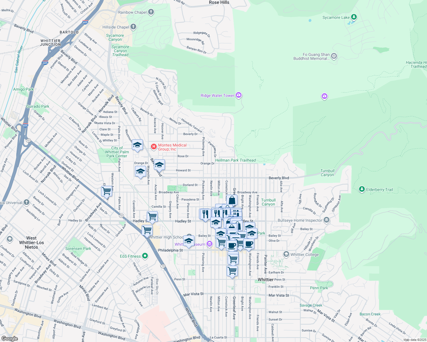 map of restaurants, bars, coffee shops, grocery stores, and more near 5830 Newlin Avenue in Whittier