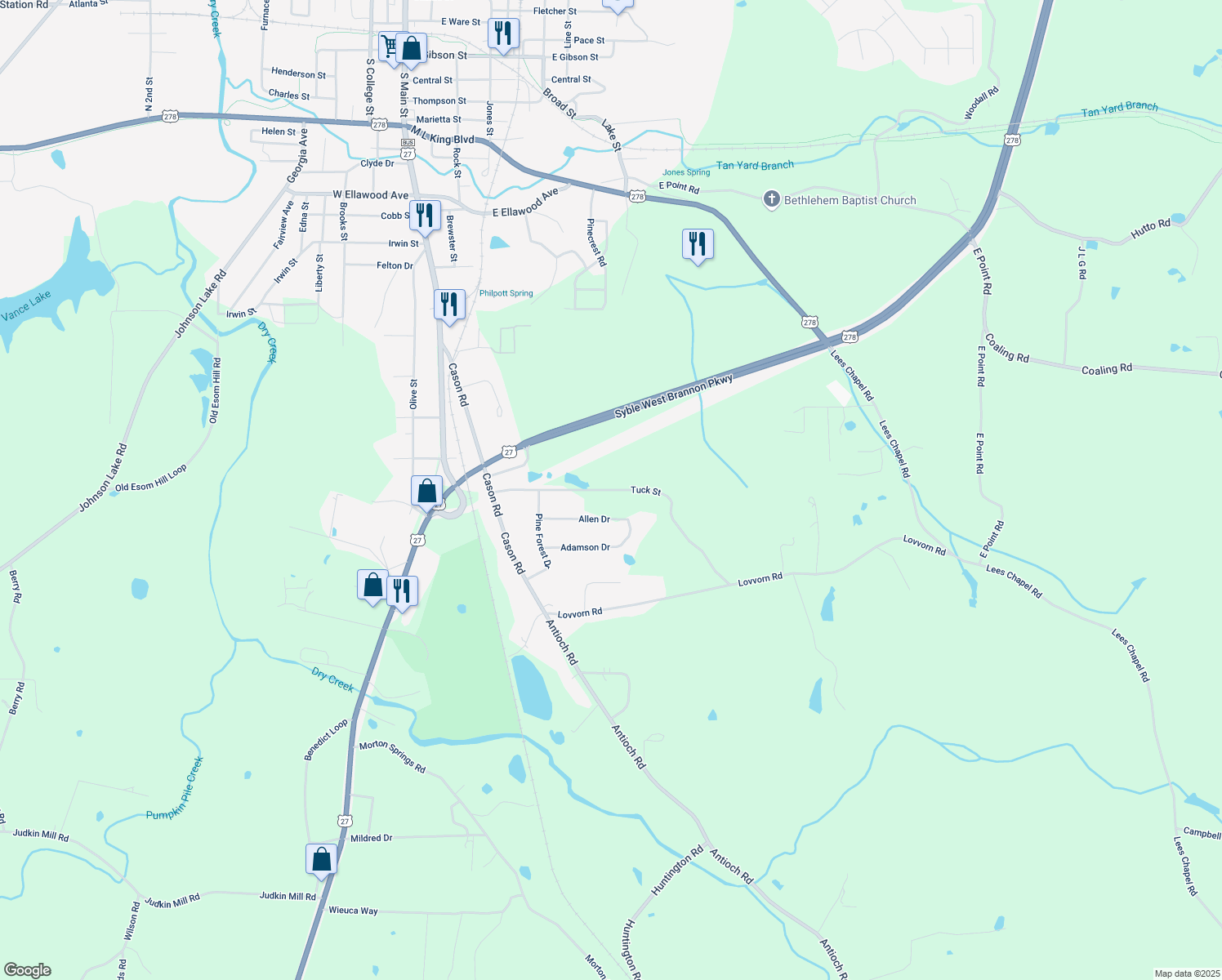 map of restaurants, bars, coffee shops, grocery stores, and more near 290 Tuck Street in Cedartown