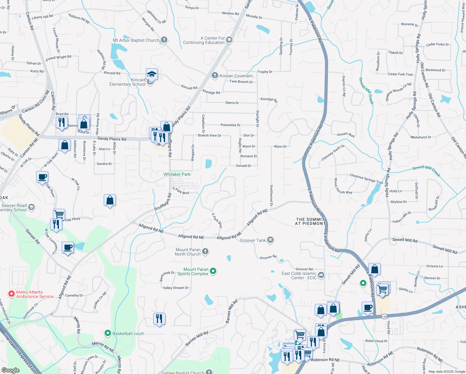map of restaurants, bars, coffee shops, grocery stores, and more near 1605 Tappahannock Trail in Marietta