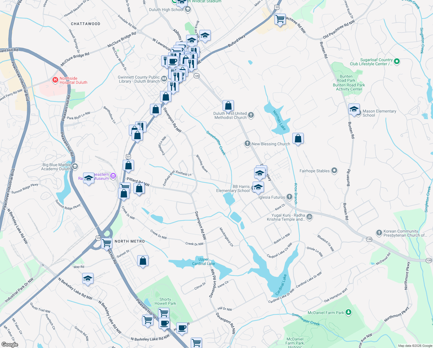 map of restaurants, bars, coffee shops, grocery stores, and more near 3096 Montheath Pass in Duluth