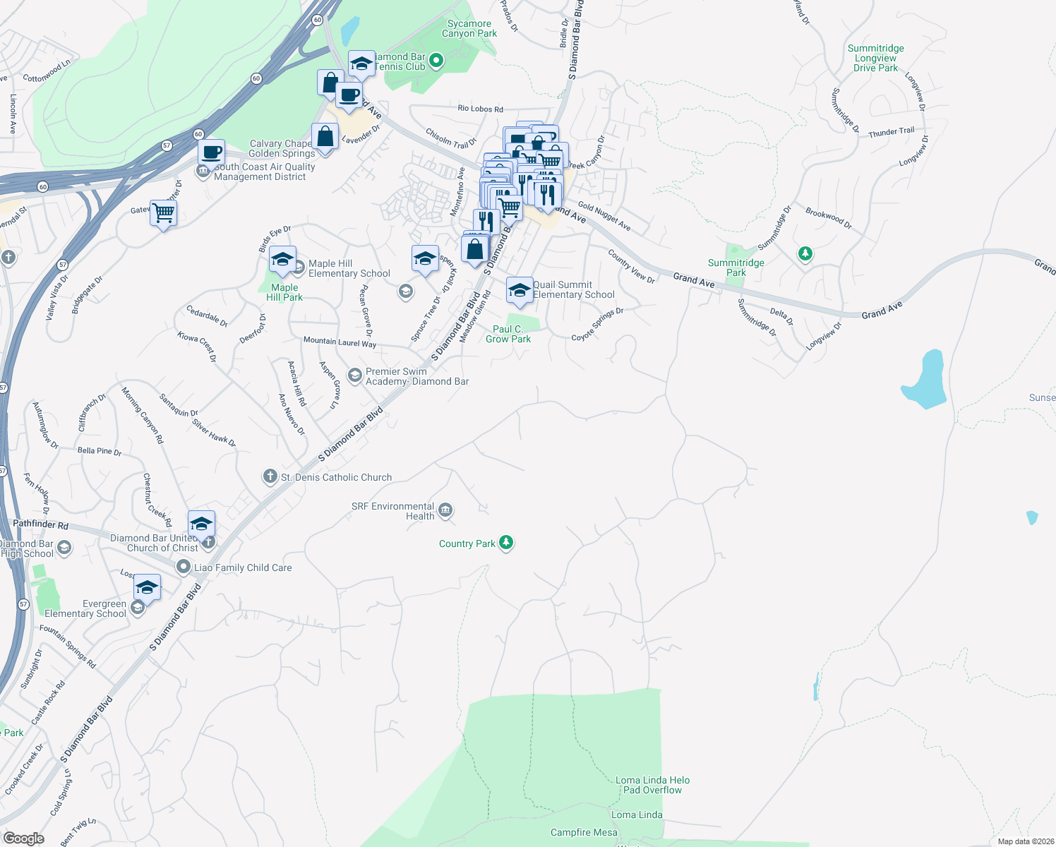 map of restaurants, bars, coffee shops, grocery stores, and more near 23411 Ridge Line Road in Diamond Bar
