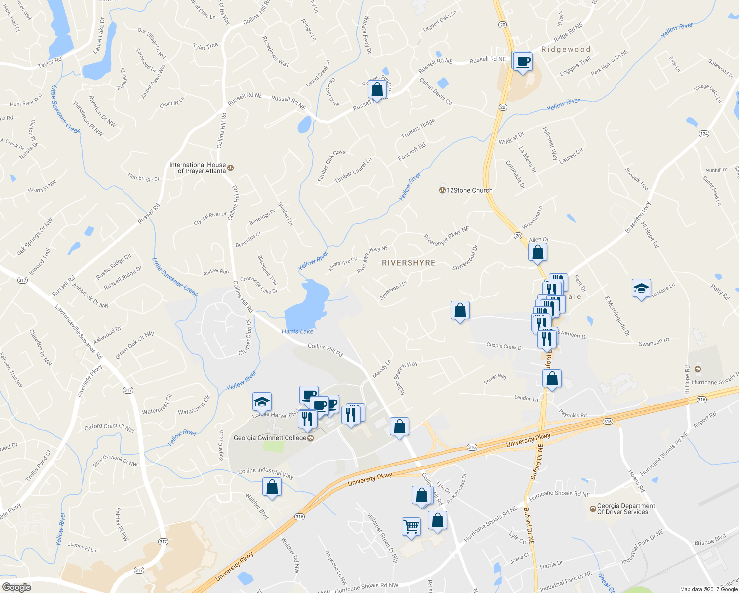 map of restaurants, bars, coffee shops, grocery stores, and more near 1220 Lochshyre Way in Lawrenceville