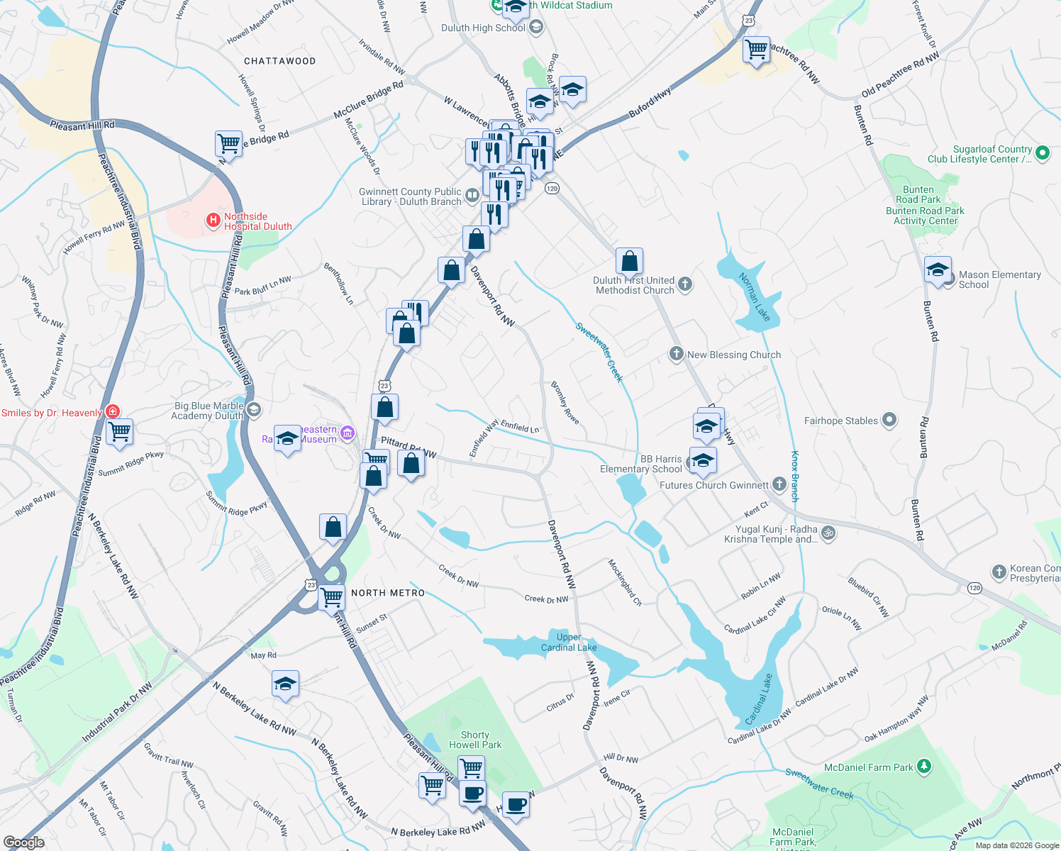 map of restaurants, bars, coffee shops, grocery stores, and more near 3119 Roundfield Circle in Duluth