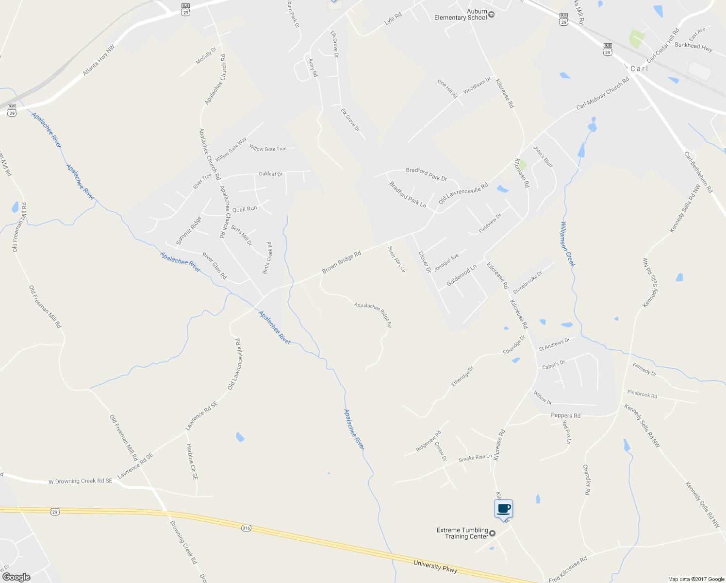 map of restaurants, bars, coffee shops, grocery stores, and more near 364 Brown Bridge Rd in Auburn