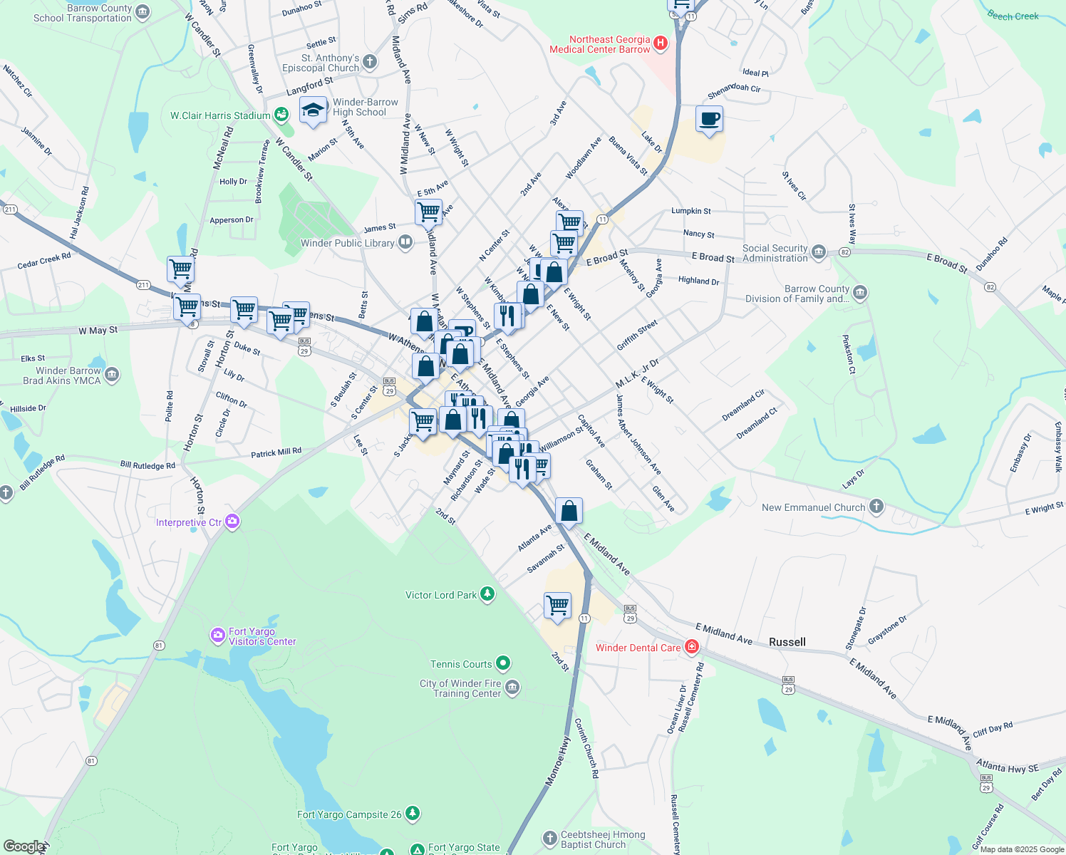 map of restaurants, bars, coffee shops, grocery stores, and more near 74 Martin Luther King Jr Drive in Winder
