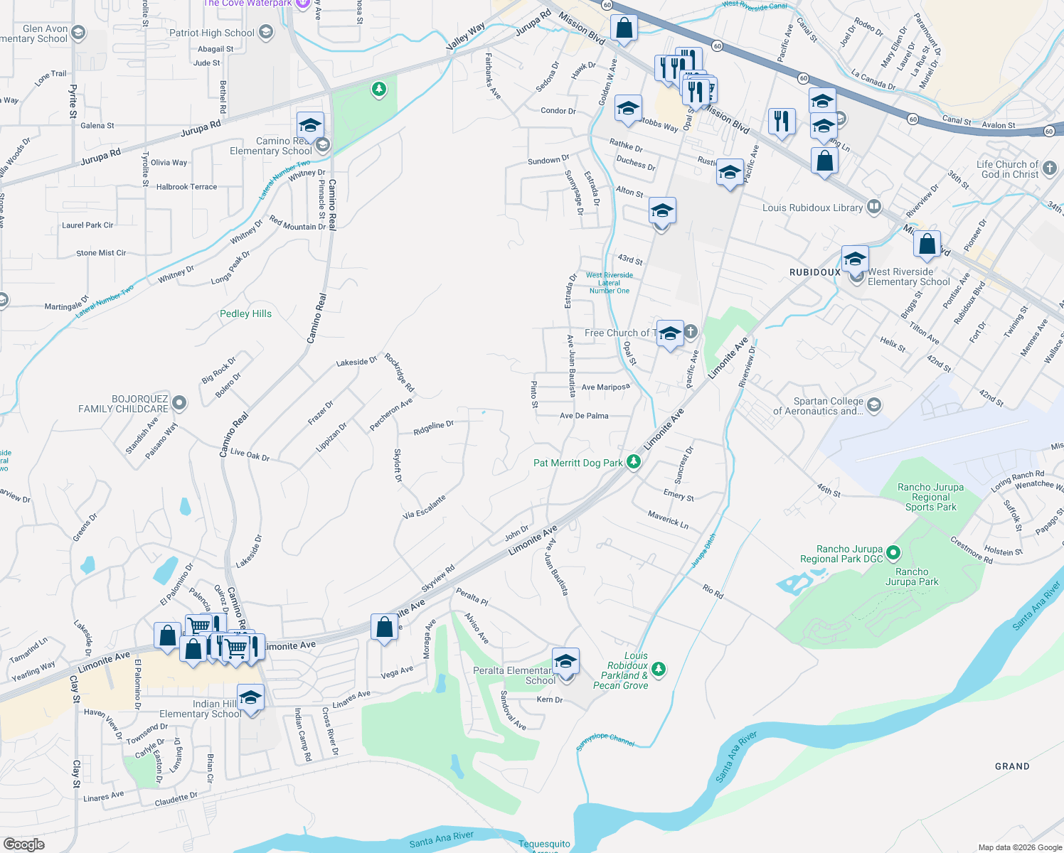 map of restaurants, bars, coffee shops, grocery stores, and more near 5415 Pinto Street in Riverside