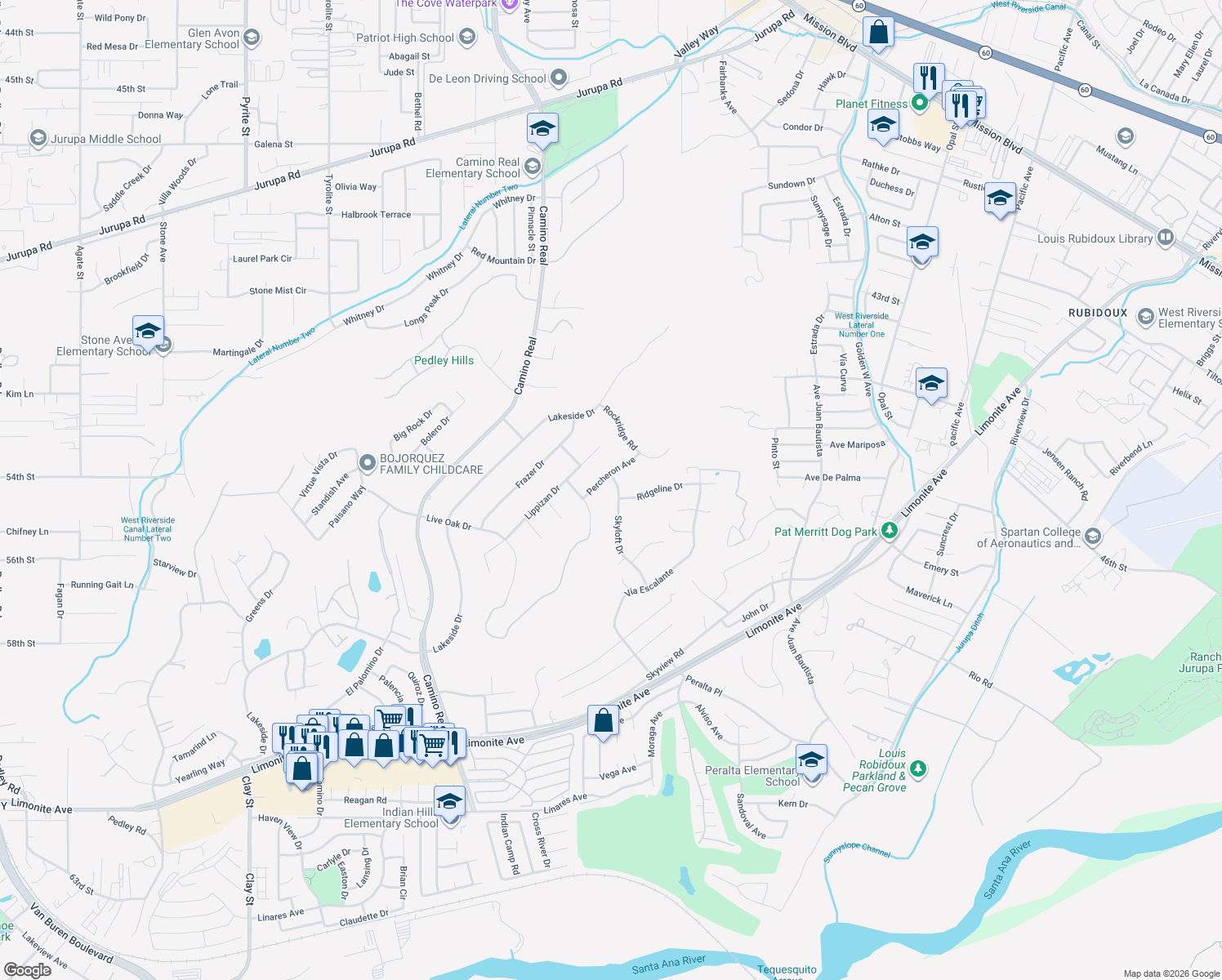 map of restaurants, bars, coffee shops, grocery stores, and more near 5428 Skyloft Drive in Riverside