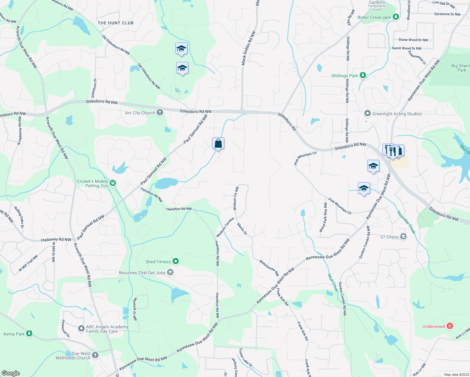 map of restaurants, bars, coffee shops, grocery stores, and more near 1386 Winborn Circle Northwest in Kennesaw
