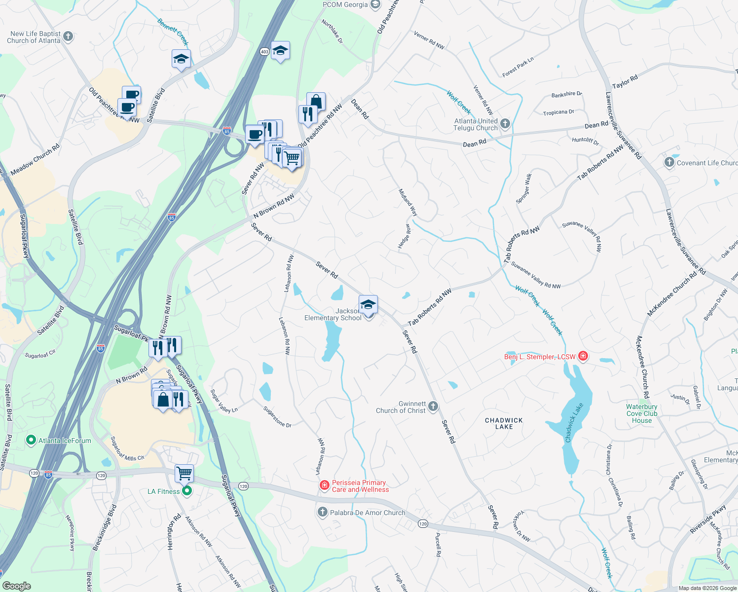 map of restaurants, bars, coffee shops, grocery stores, and more near 2020 Furlong Run in Lawrenceville
