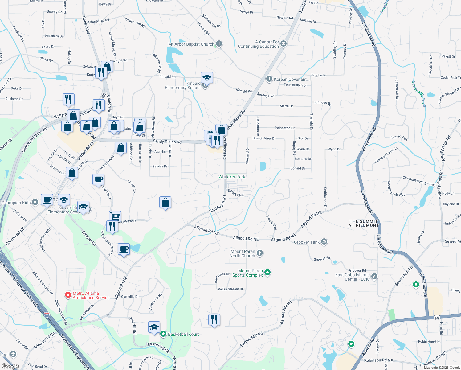 map of restaurants, bars, coffee shops, grocery stores, and more near 1612 Morningside Trce in Marietta