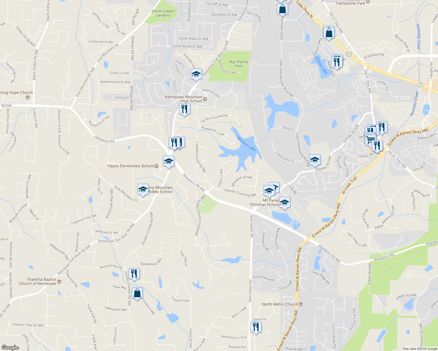map of restaurants, bars, coffee shops, grocery stores, and more near 1427 Falkirk Lane Northwest in Kennesaw