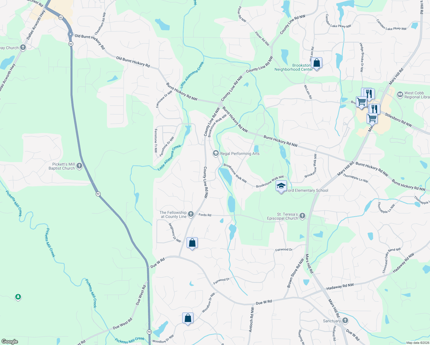 map of restaurants, bars, coffee shops, grocery stores, and more near 6138 Kenbrook Dr NW in Acworth