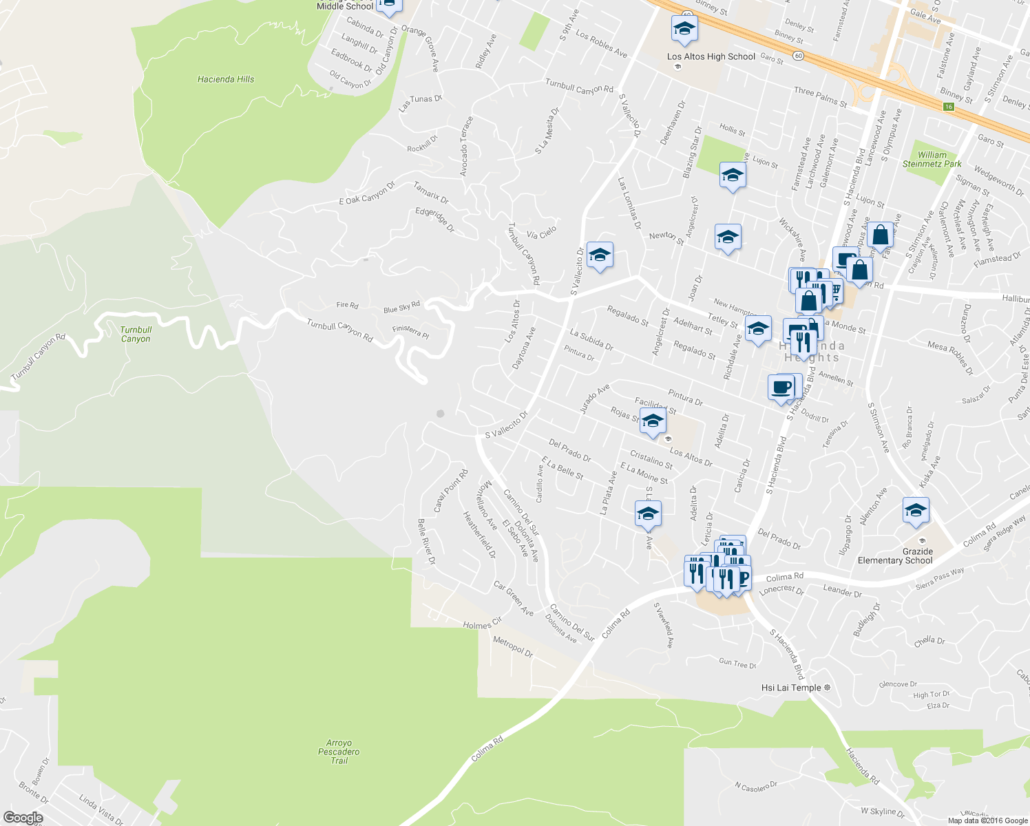 map of restaurants, bars, coffee shops, grocery stores, and more near 15258 El Selinda Drive in Hacienda Heights