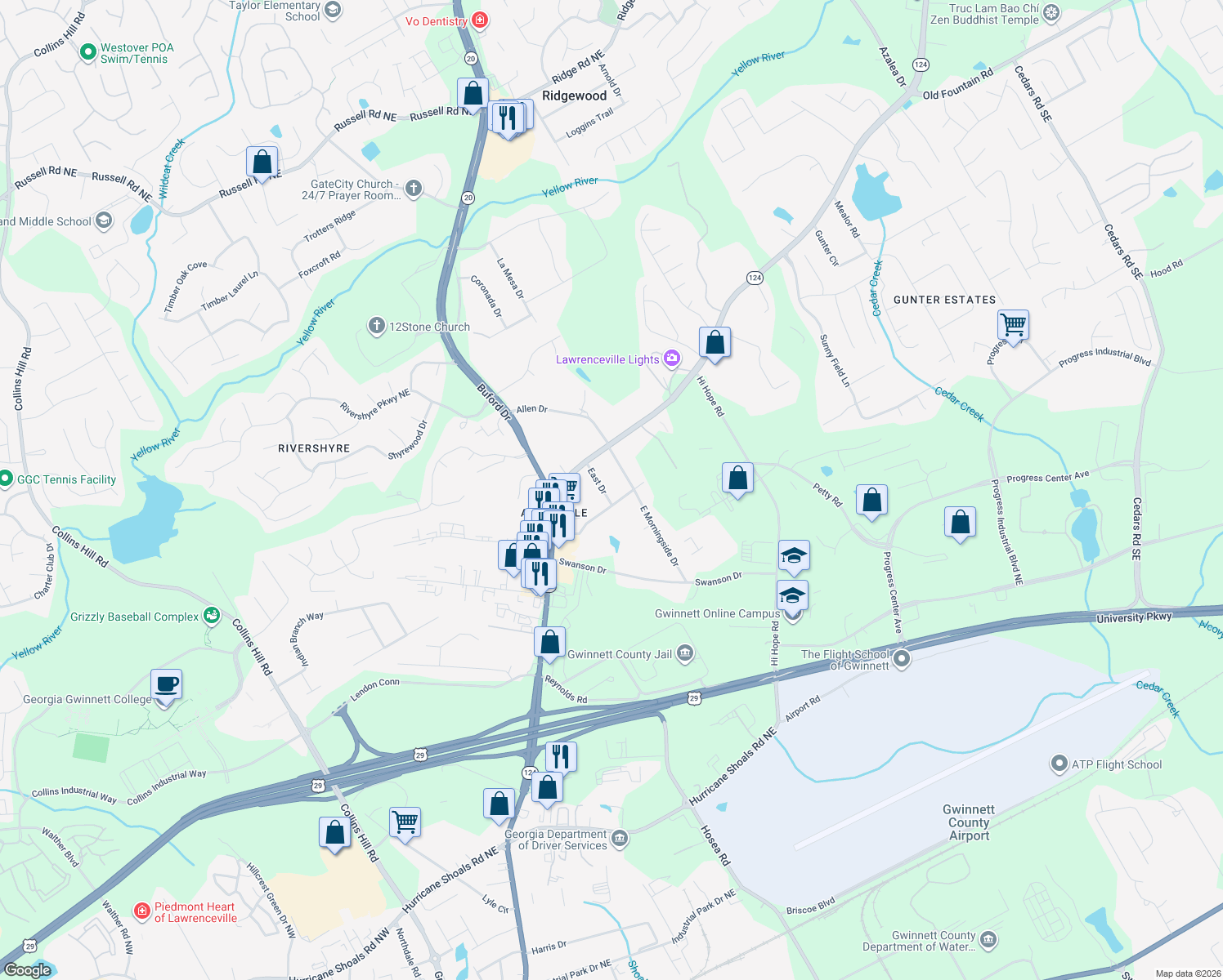 map of restaurants, bars, coffee shops, grocery stores, and more near 947 East Dr in Lawrenceville