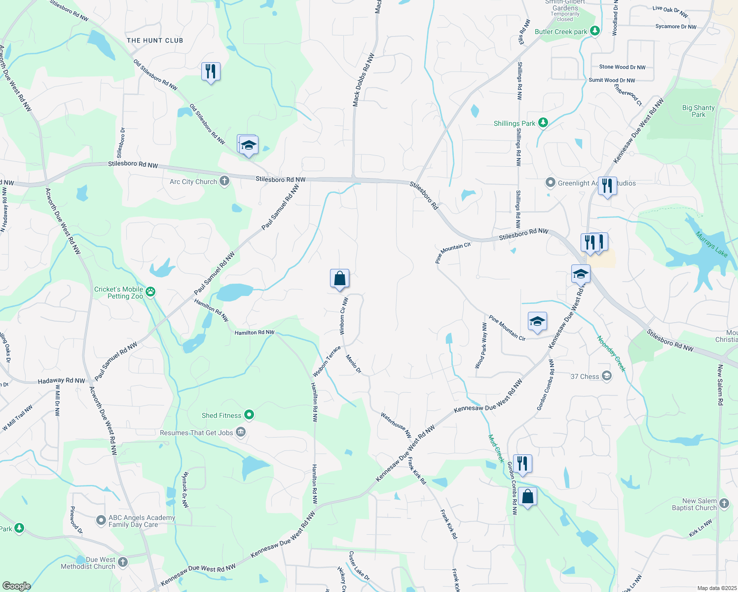 map of restaurants, bars, coffee shops, grocery stores, and more near 1263 Levingston Lane Northwest in Kennesaw