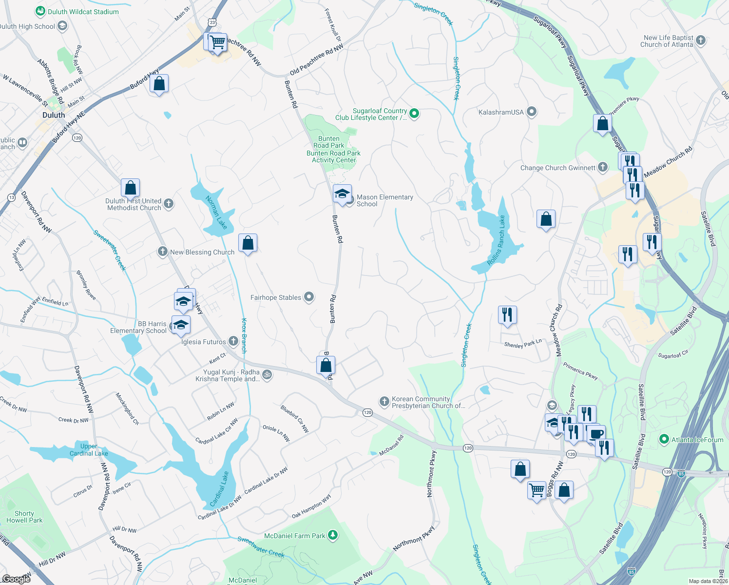 map of restaurants, bars, coffee shops, grocery stores, and more near 2715 Eudora Trail in Duluth