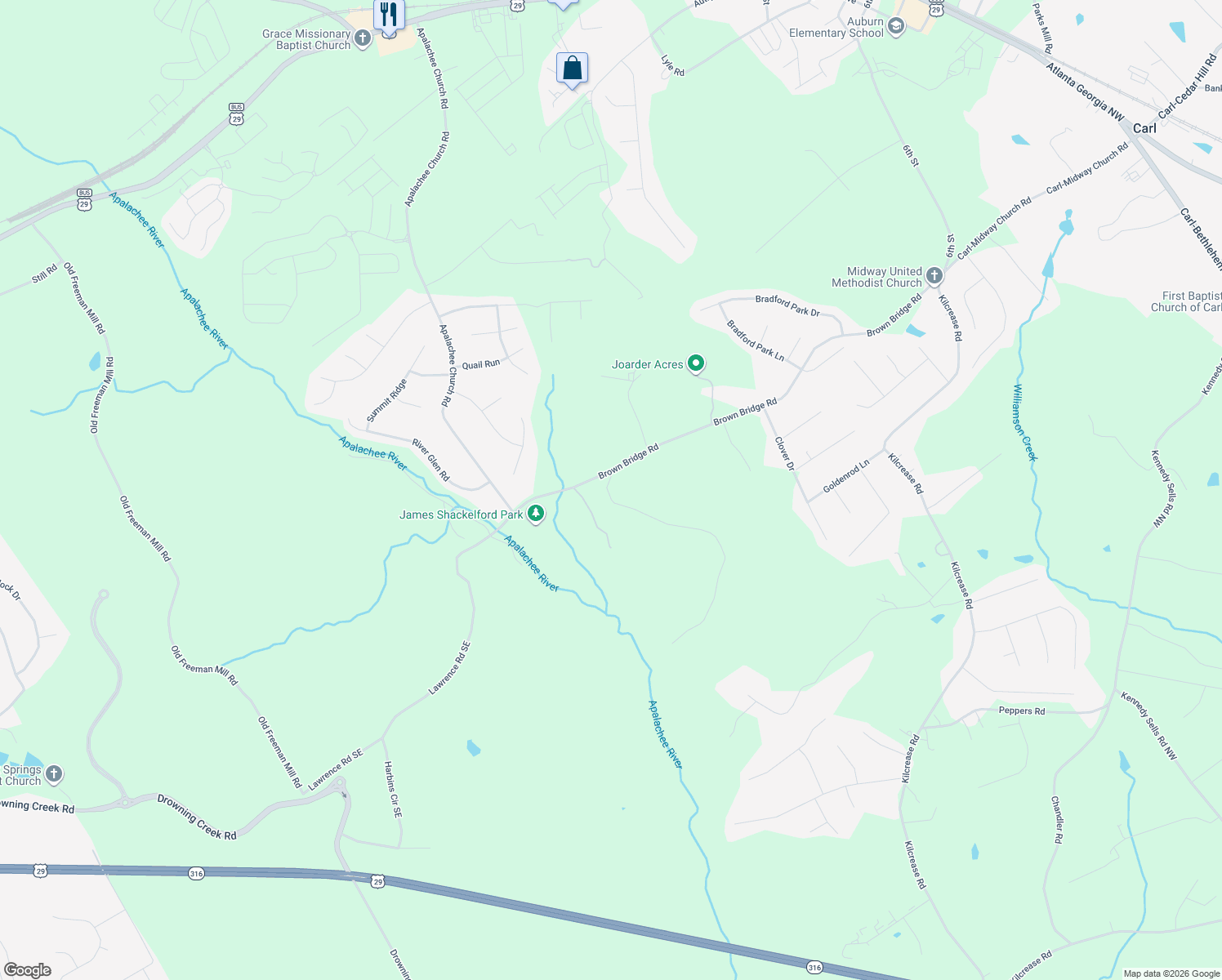 map of restaurants, bars, coffee shops, grocery stores, and more near 410 Apalachee Ridge Road in Auburn