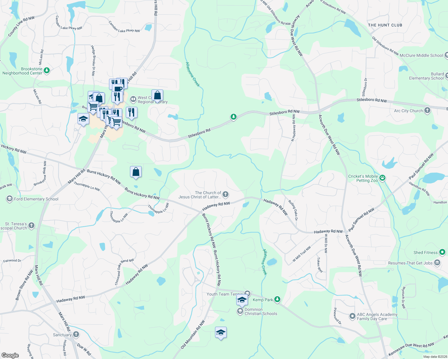 map of restaurants, bars, coffee shops, grocery stores, and more near 4725 Twin Oaks Drive Northwest in Kennesaw