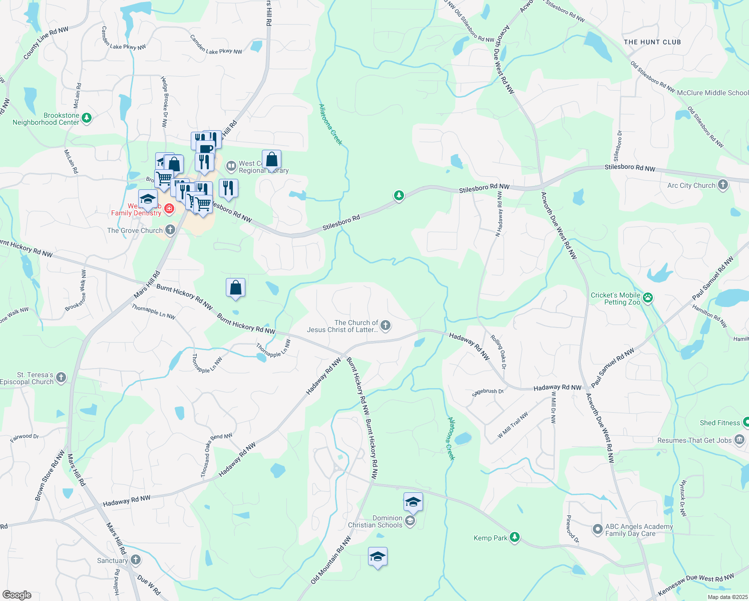 map of restaurants, bars, coffee shops, grocery stores, and more near 1320 Dungan Drive Northwest in Kennesaw