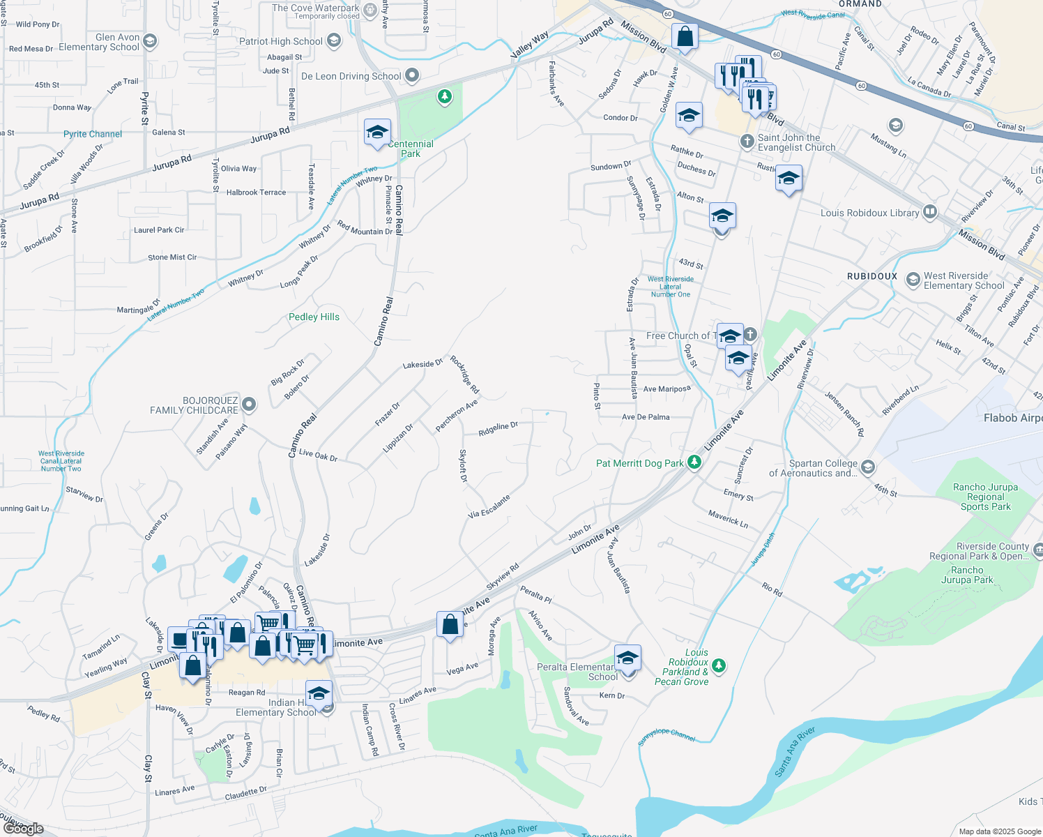 map of restaurants, bars, coffee shops, grocery stores, and more near 7165 Ridgeline Drive in Riverside