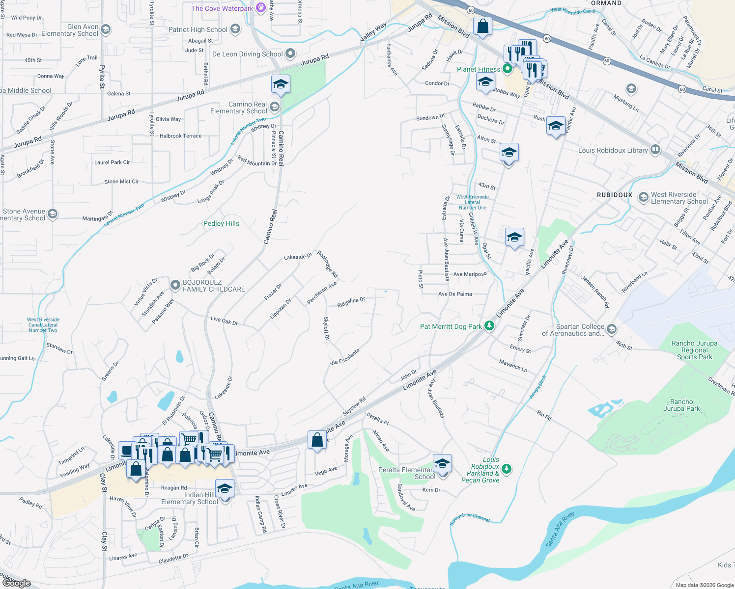 map of restaurants, bars, coffee shops, grocery stores, and more near 7165 Ridgeline Drive in Riverside
