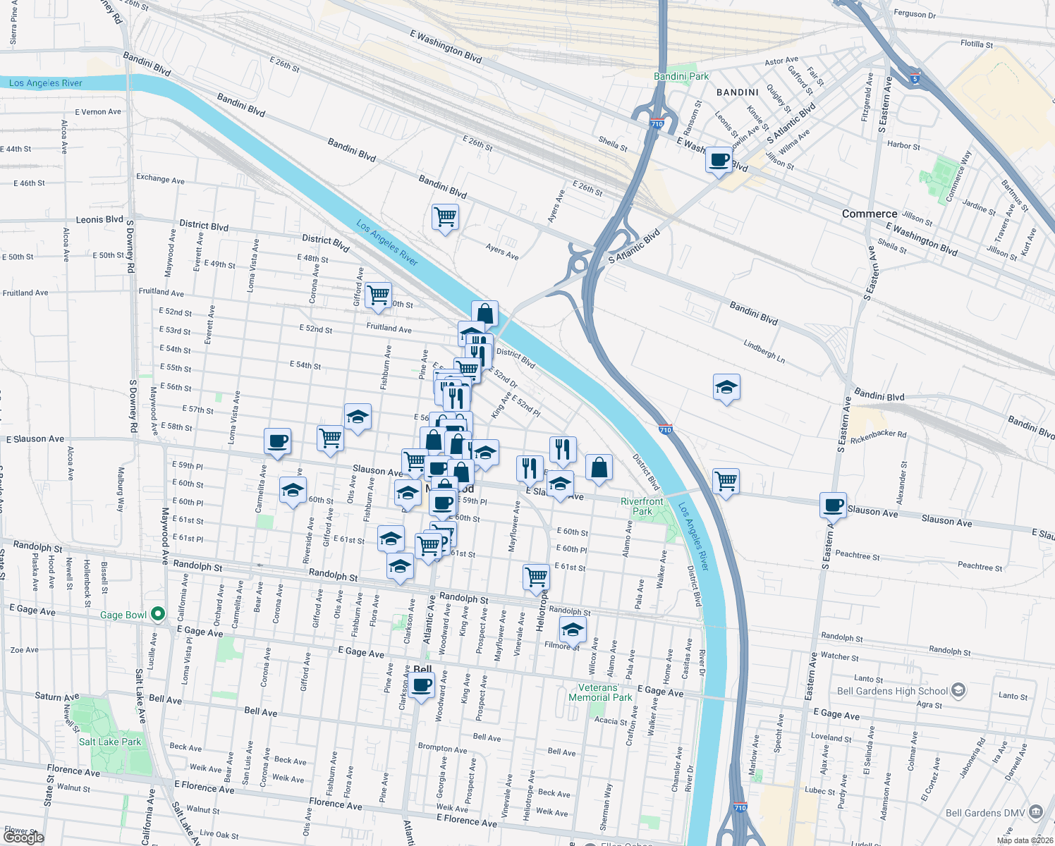 map of restaurants, bars, coffee shops, grocery stores, and more near 5265 Mayflower Ave in Maywood