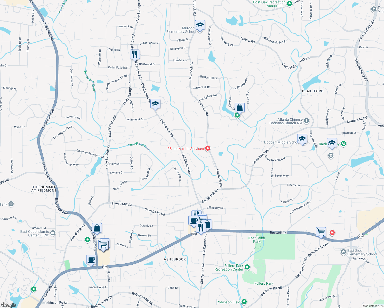 map of restaurants, bars, coffee shops, grocery stores, and more near 3024 Manning Drive in Marietta