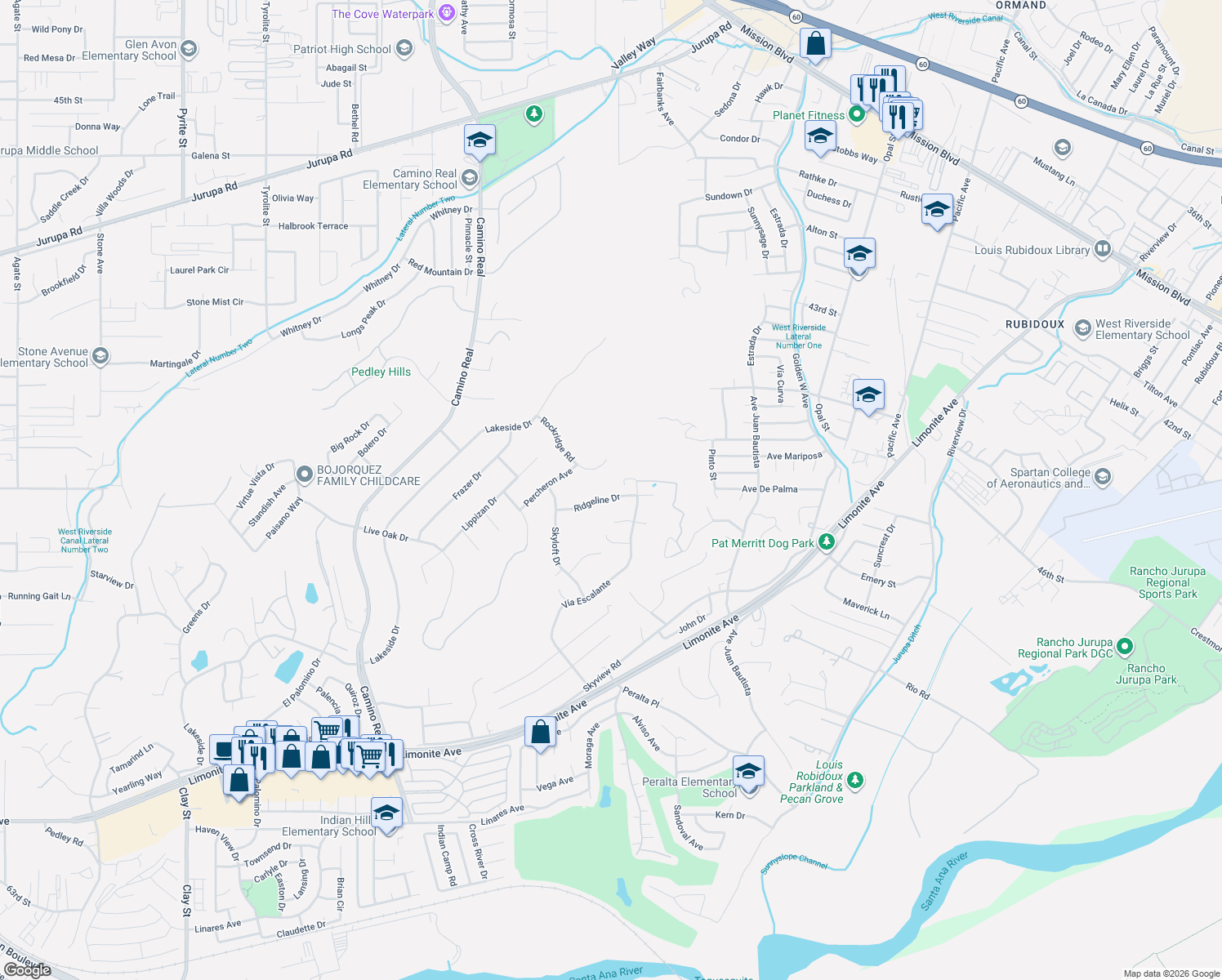 map of restaurants, bars, coffee shops, grocery stores, and more near 7185 Ridgeline Drive in Riverside