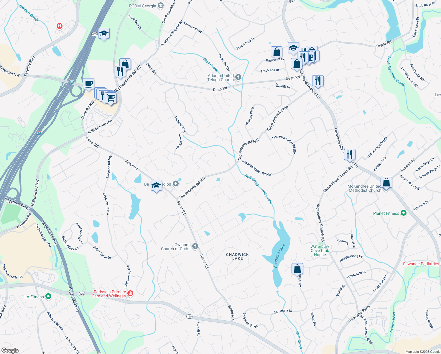 map of restaurants, bars, coffee shops, grocery stores, and more near 1081 Talon Trace Northwest in Lawrenceville