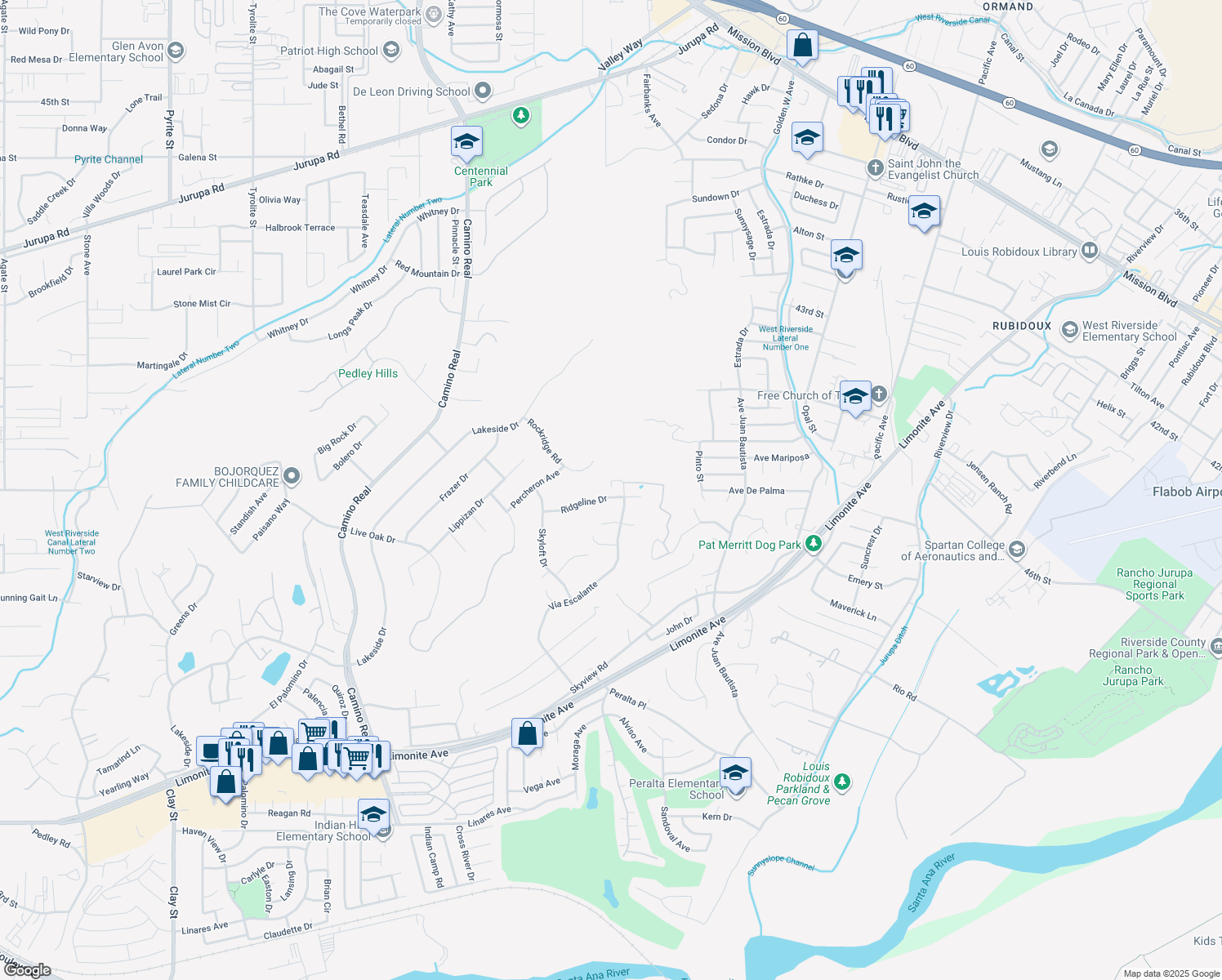 map of restaurants, bars, coffee shops, grocery stores, and more near 7165 Ridgeline Drive in Riverside