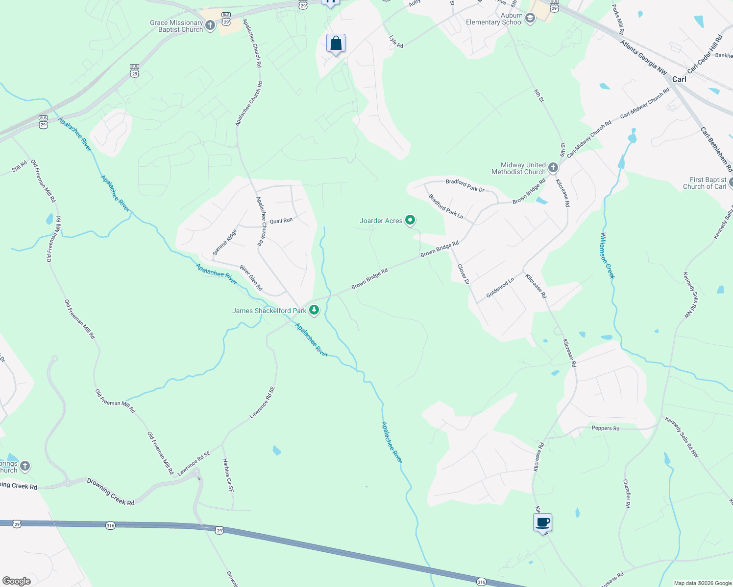 map of restaurants, bars, coffee shops, grocery stores, and more near 410 Apalachee Ridge Road in Auburn