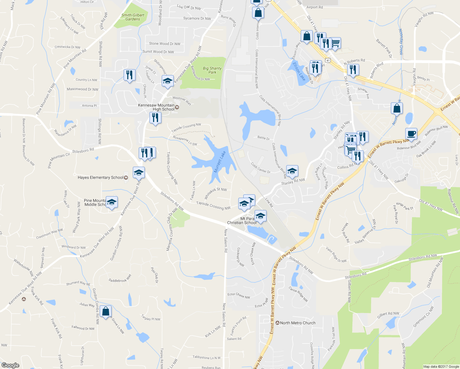 map of restaurants, bars, coffee shops, grocery stores, and more near 2025 Point Grey Ct NW in Kennesaw