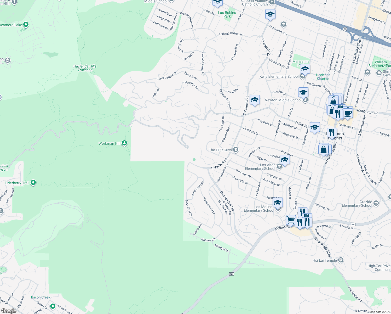 map of restaurants, bars, coffee shops, grocery stores, and more near 2935 Cam Del Tomasini in Hacienda Heights
