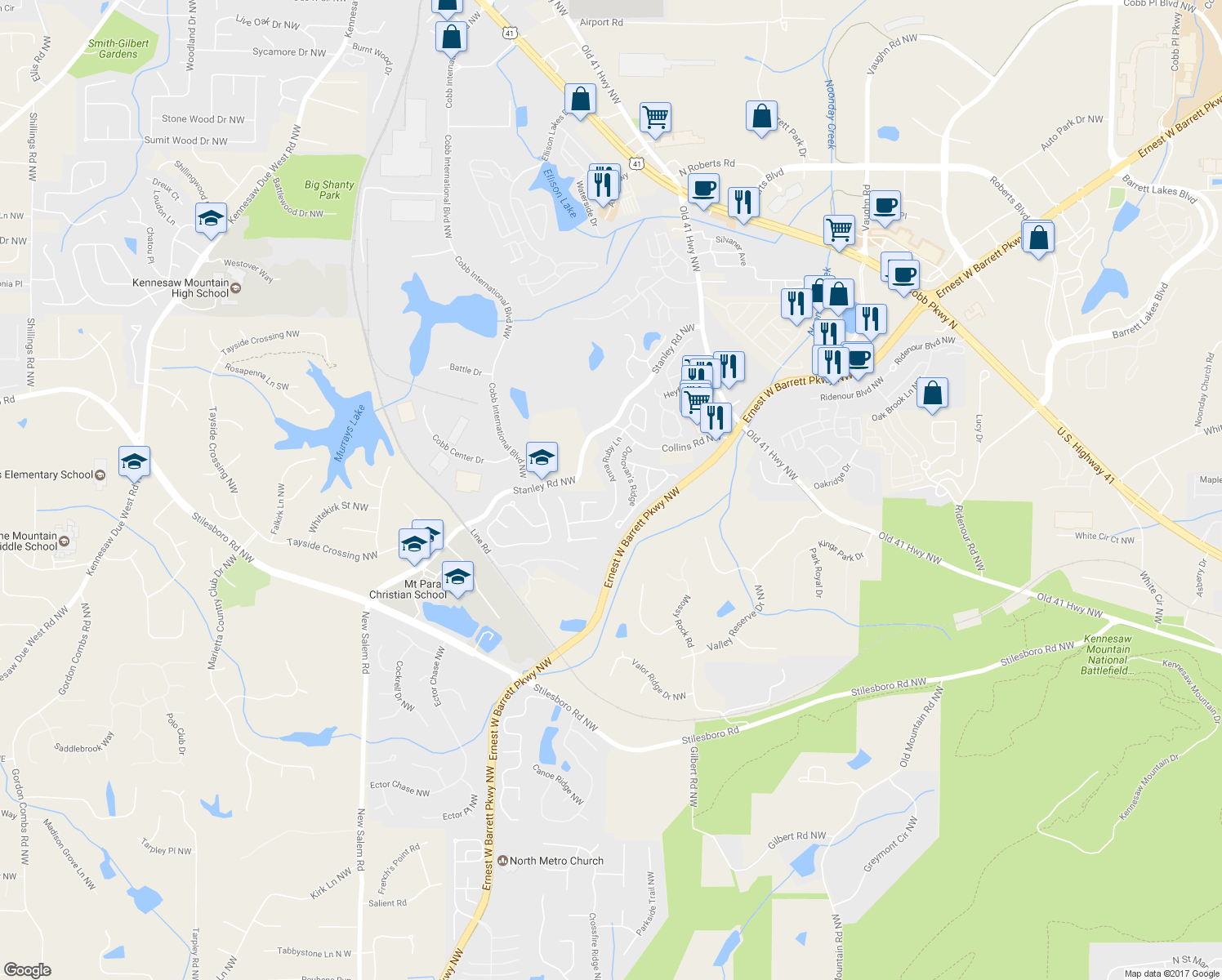 map of restaurants, bars, coffee shops, grocery stores, and more near 1534 Anna Ruby Lane in Kennesaw