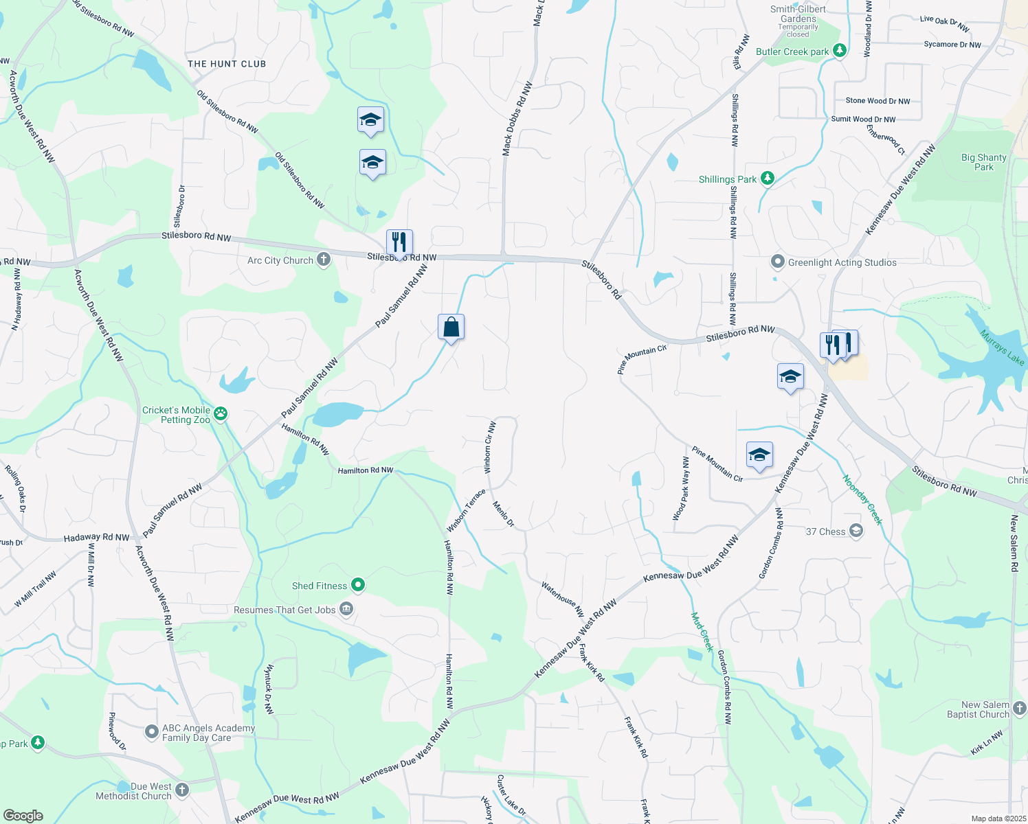 map of restaurants, bars, coffee shops, grocery stores, and more near 1263 Levingston Lane Northwest in Kennesaw