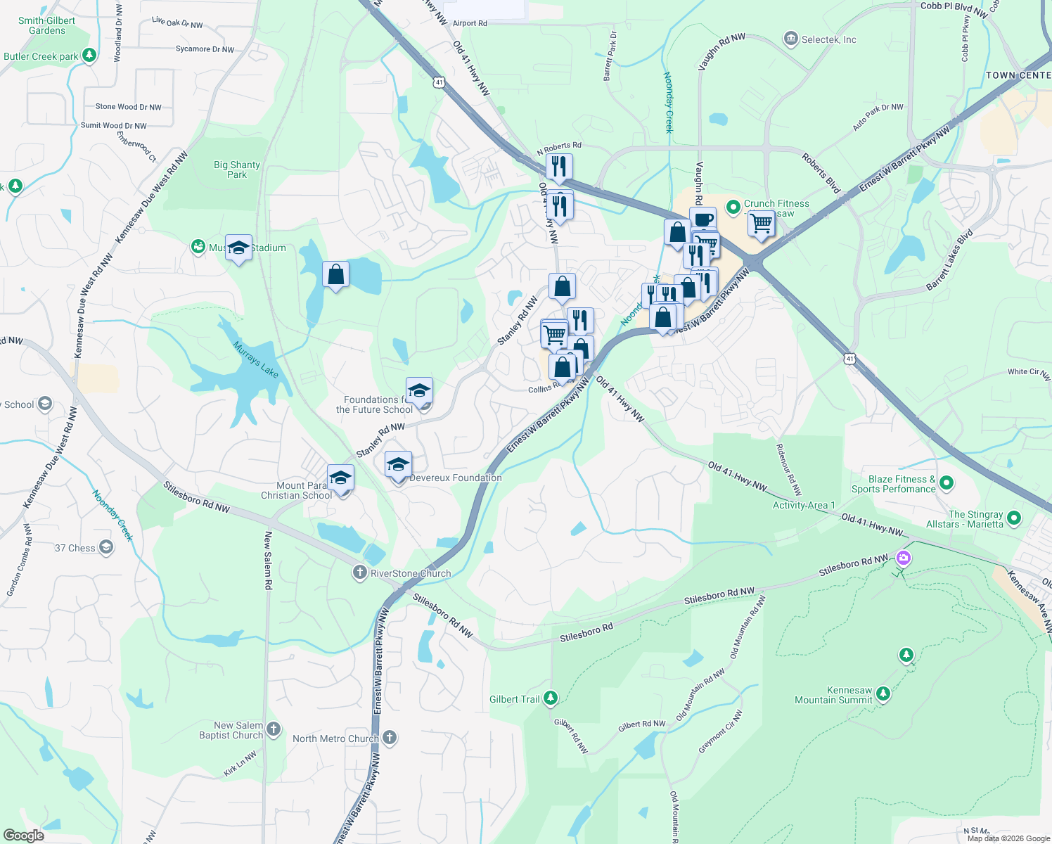 map of restaurants, bars, coffee shops, grocery stores, and more near 1517 Rachel's Ridge Northwest in Kennesaw