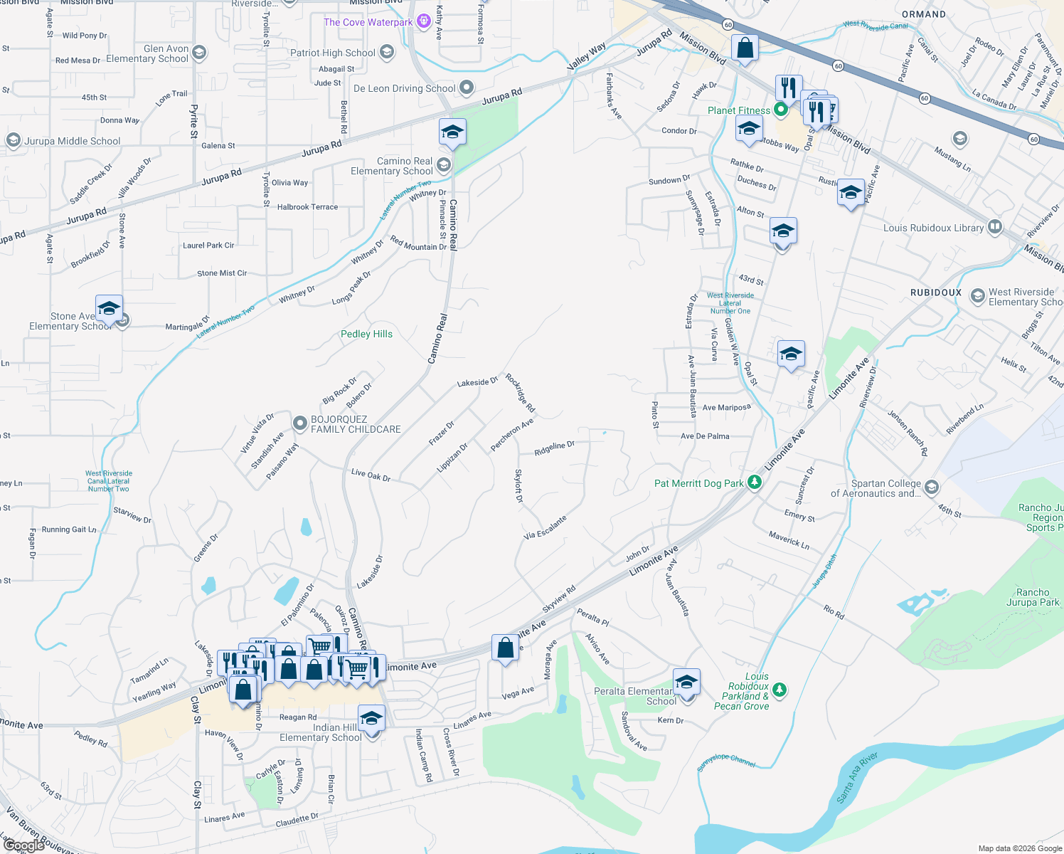 map of restaurants, bars, coffee shops, grocery stores, and more near 5428 Skyloft Drive in Riverside