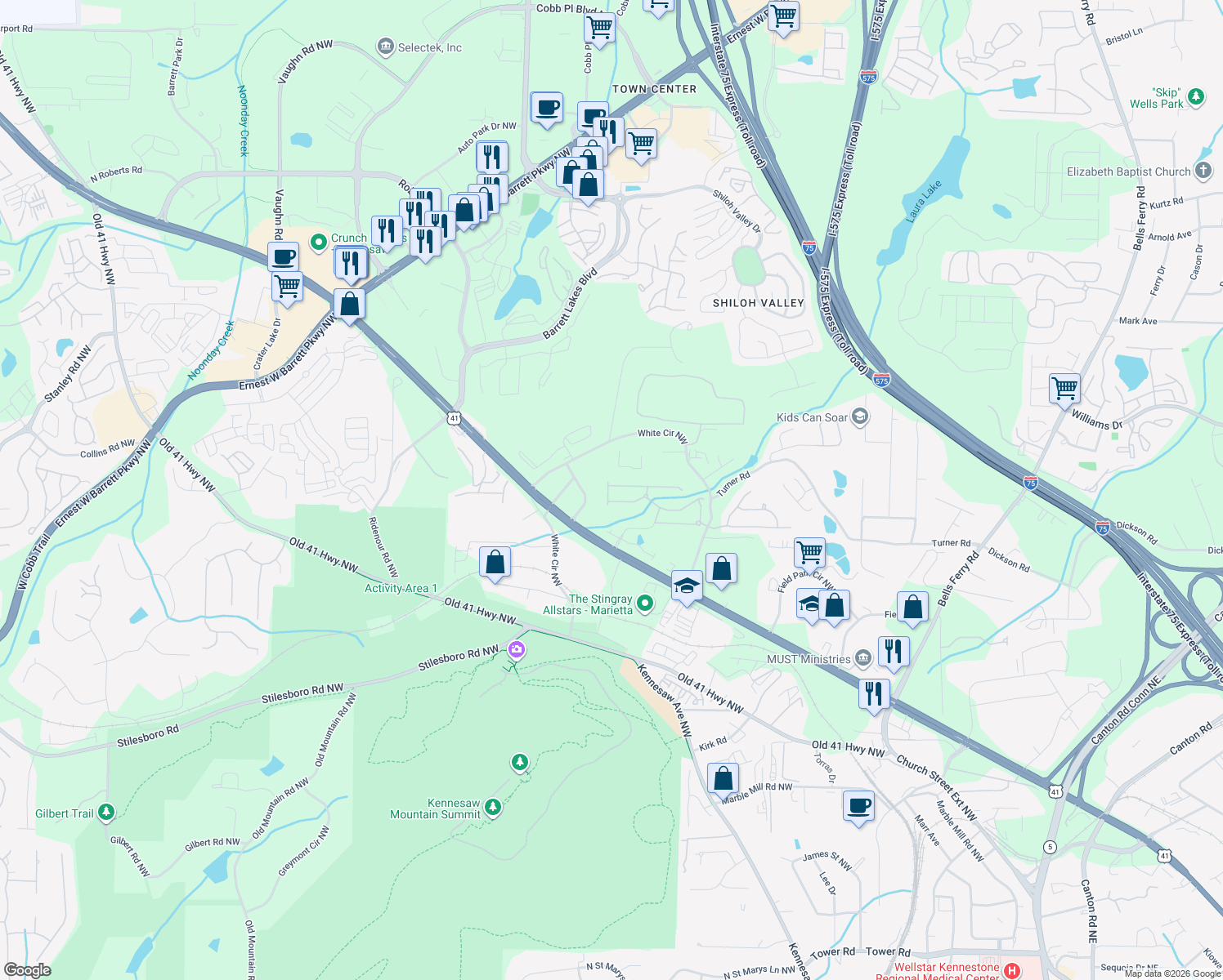 map of restaurants, bars, coffee shops, grocery stores, and more near 685 Maple Grove Way in Marietta