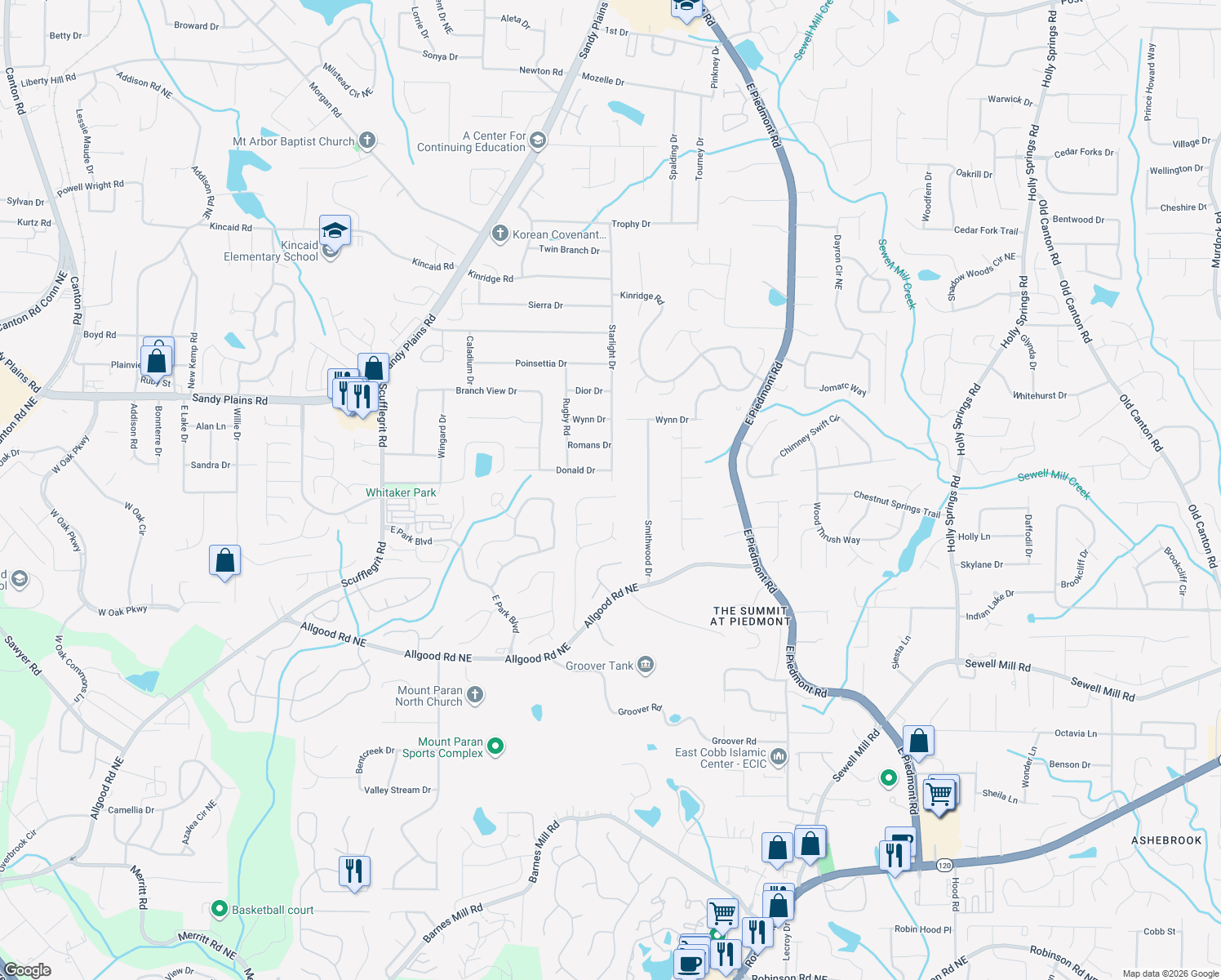 map of restaurants, bars, coffee shops, grocery stores, and more near 1525 Oakmoor Place in Marietta