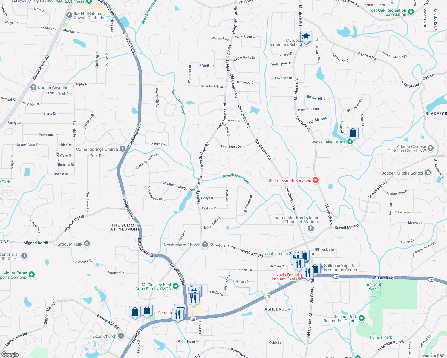 map of restaurants, bars, coffee shops, grocery stores, and more near 1674 Daffodil Drive in Marietta