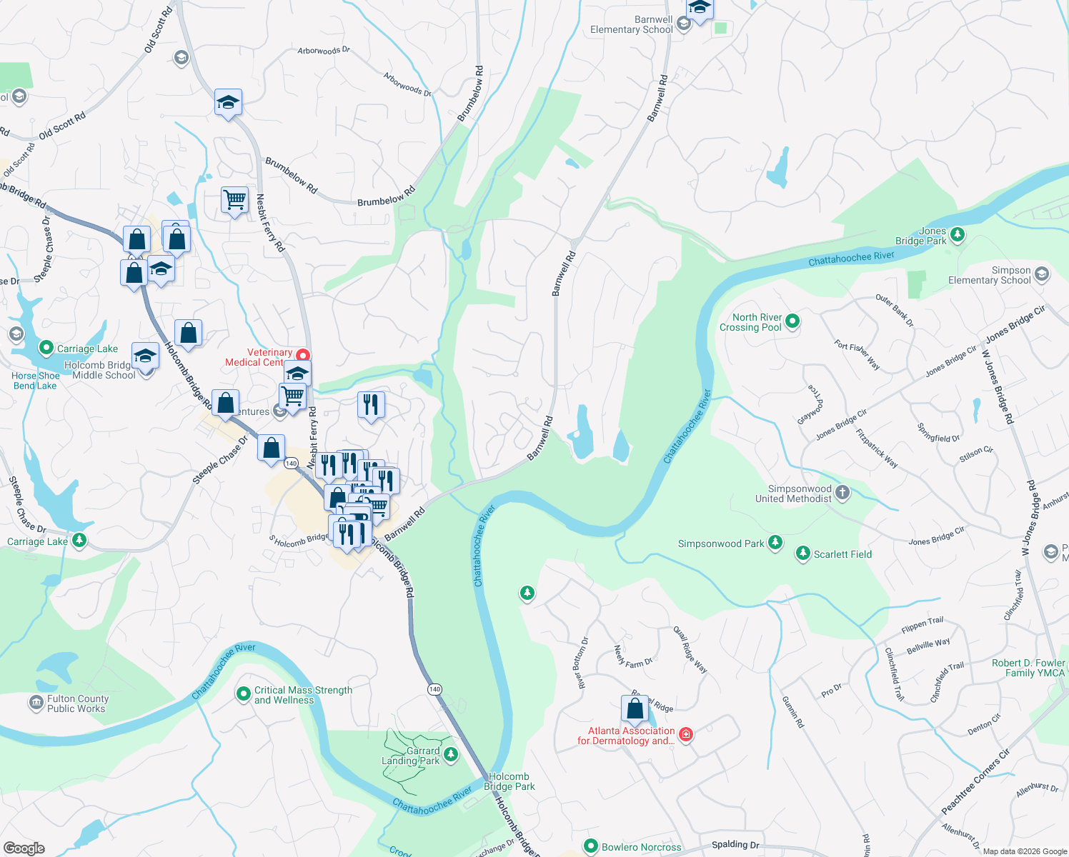 map of restaurants, bars, coffee shops, grocery stores, and more near 325 Brassy Ct in Alpharetta