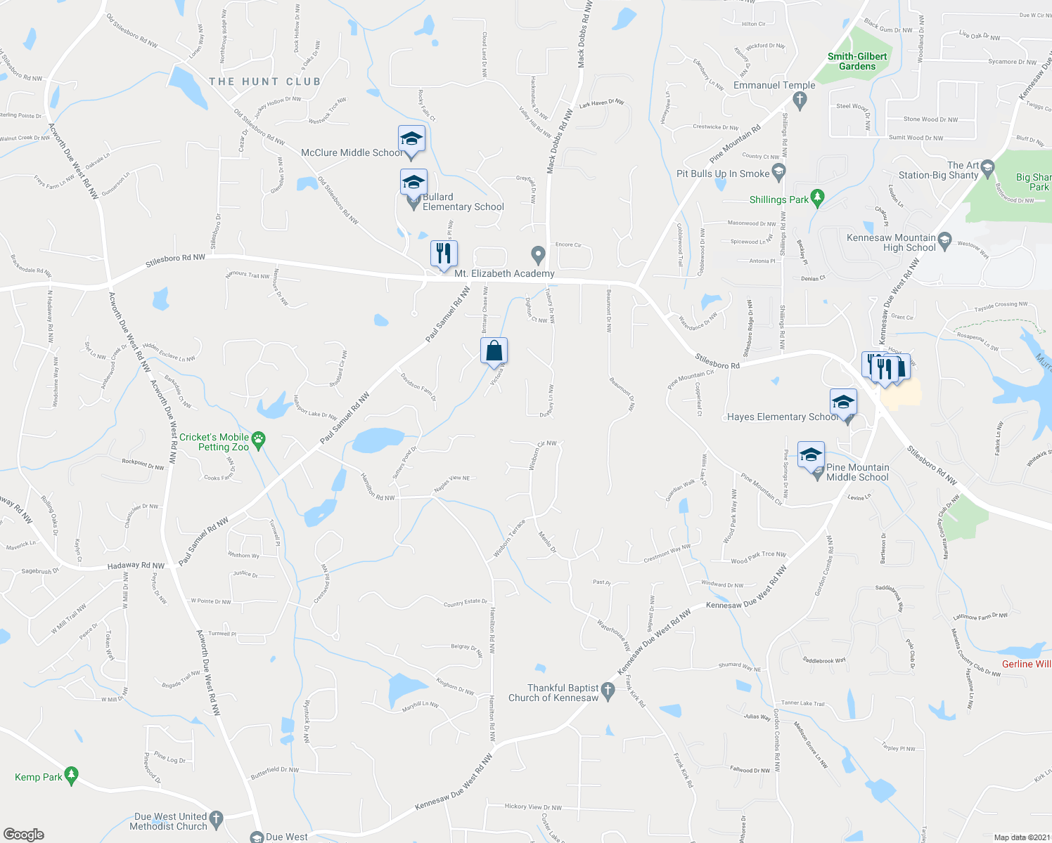 map of restaurants, bars, coffee shops, grocery stores, and more near 1620 Duxbury Lane Northwest in Kennesaw