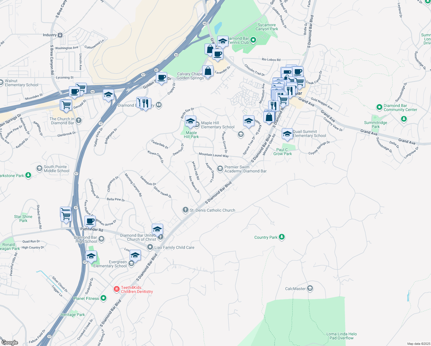 map of restaurants, bars, coffee shops, grocery stores, and more near 1702 Aspen Grove Lane in Diamond Bar